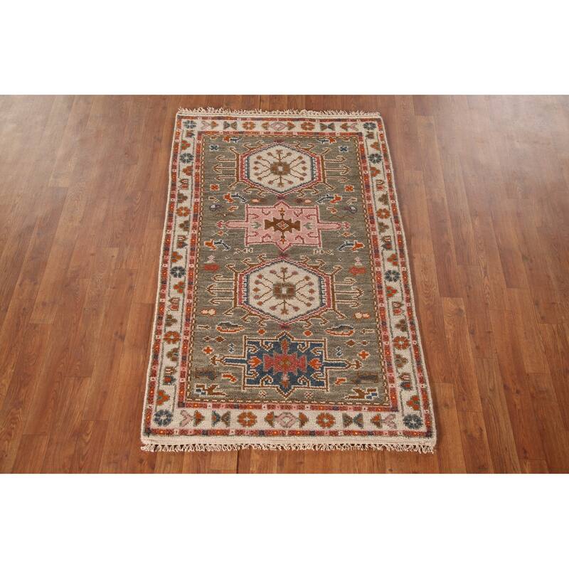 Geometric Grey Kazak Accent Rug Handmade Traditional Wool Carpet - 3'1"x 5'0"