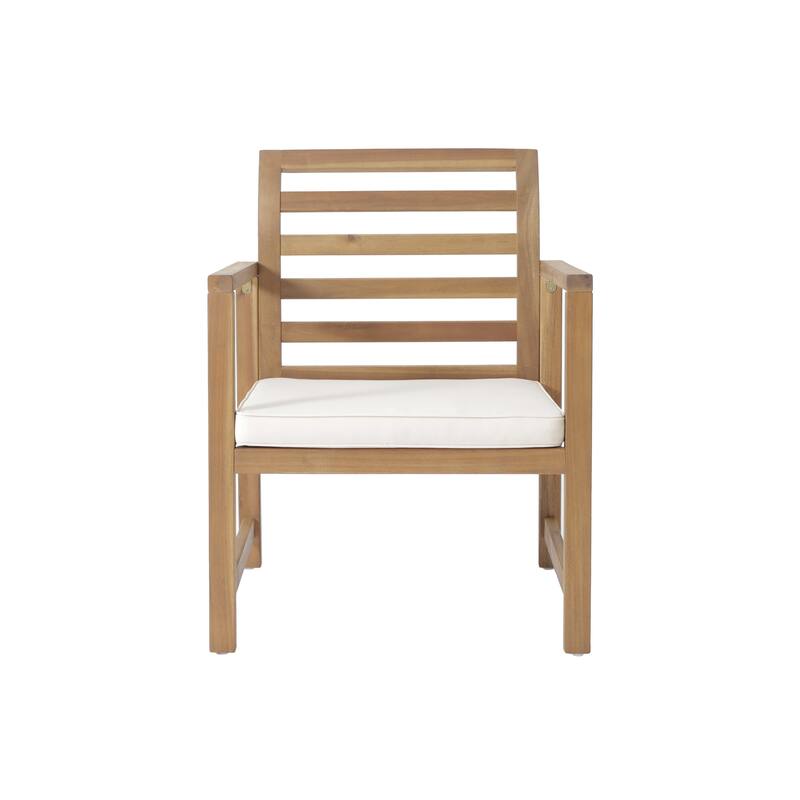 Outdoor Club Chair Set of 2, Slat Back, Brown Acacia Wood, White Fabric