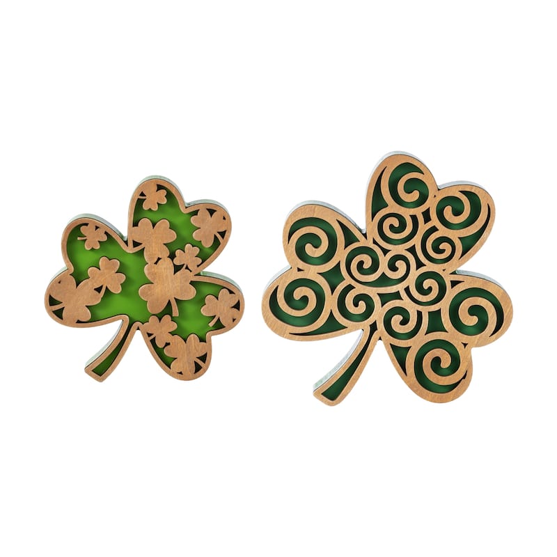 Glitzhome Set of 2 St. Patrick's Wooden Shamrock Table Decor