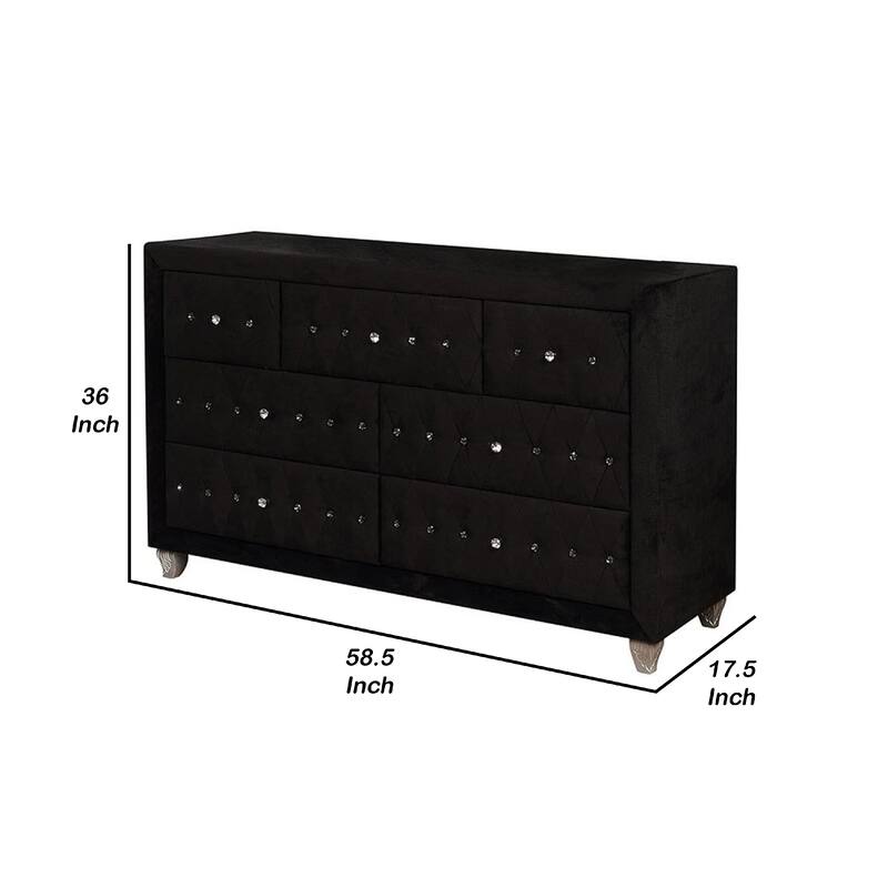 Rea Wide Dresser, 7 Drawers with Crystal Knobs, Black Velvet Upholstery