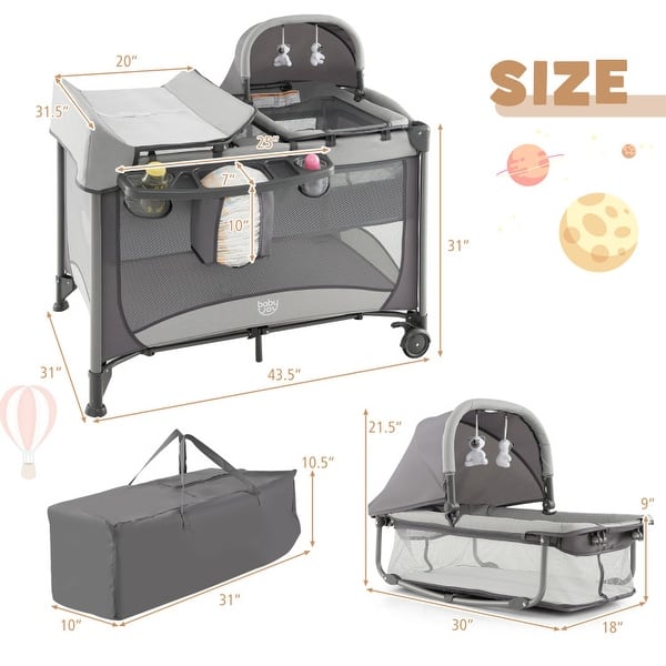dimension image slide 0 of 2, 5-in-1 Portable Baby Playard with Cradle and Storage Basket - 43.5"L x 31"Wx 31"H