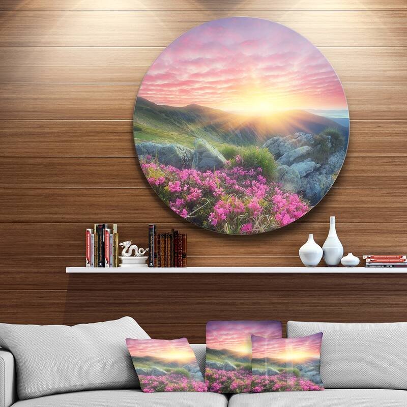 Designart 'Morning with Flowers in Mountains' Landscape Photo Disc Metal Wall Art