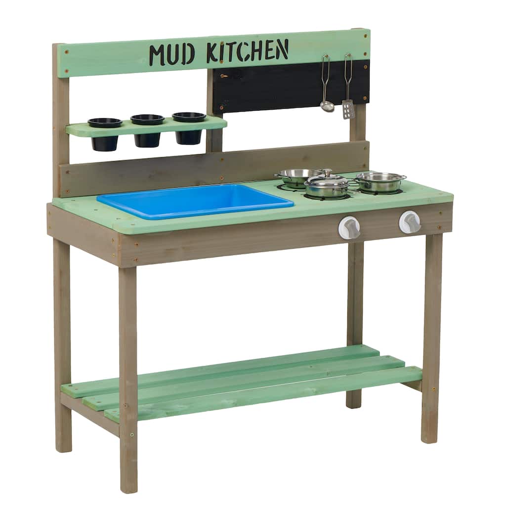 Kids Play Kitchen, Wood Mud Kitchen with Water Play Set & Cooking Toys for Outdoor
