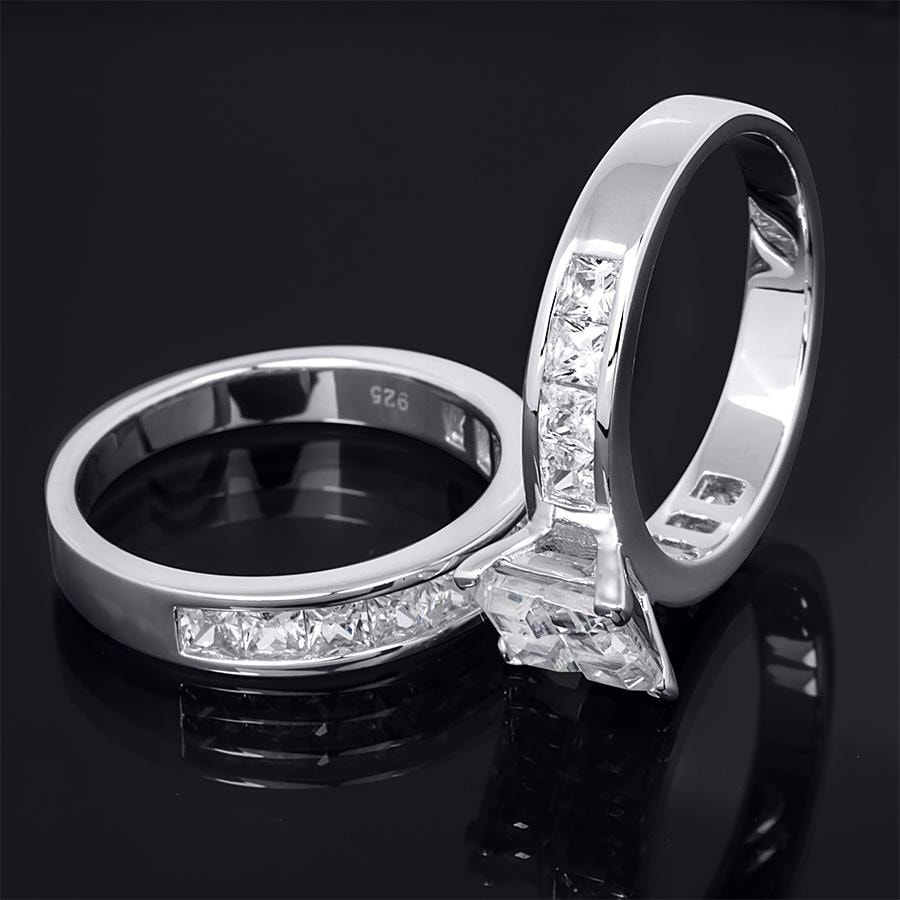 Sterling Silver Stainless Steel Cubic Zirconia Wedding Ring Sets Sterling Silver CT Cubic Zirconia Princess Cut Bridal Ring Set