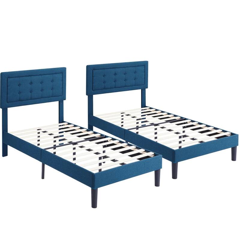 VECELO Tufted Upholstered Kids Bed with Adjustable Headboard,Twin Size Bed Set of 2