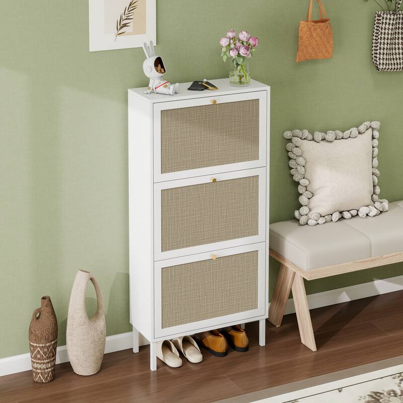Shoe Storage Cabinet with 3 Flip Drawers, Freestanding 3-Tier Shoe Rack, Slim Shoe Organizer with Half Round Woven Rattan Doors