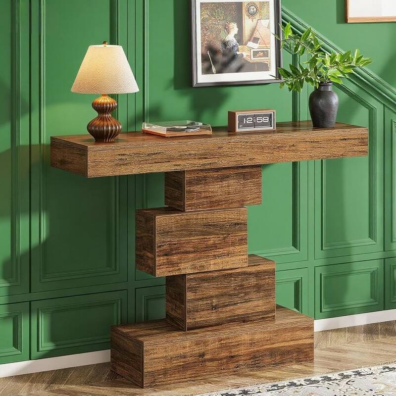 Brown Farmhouse Console Table 47 Inch E1 Particle Board Entryway Sofa Accent Table with Geometric Base - Brown