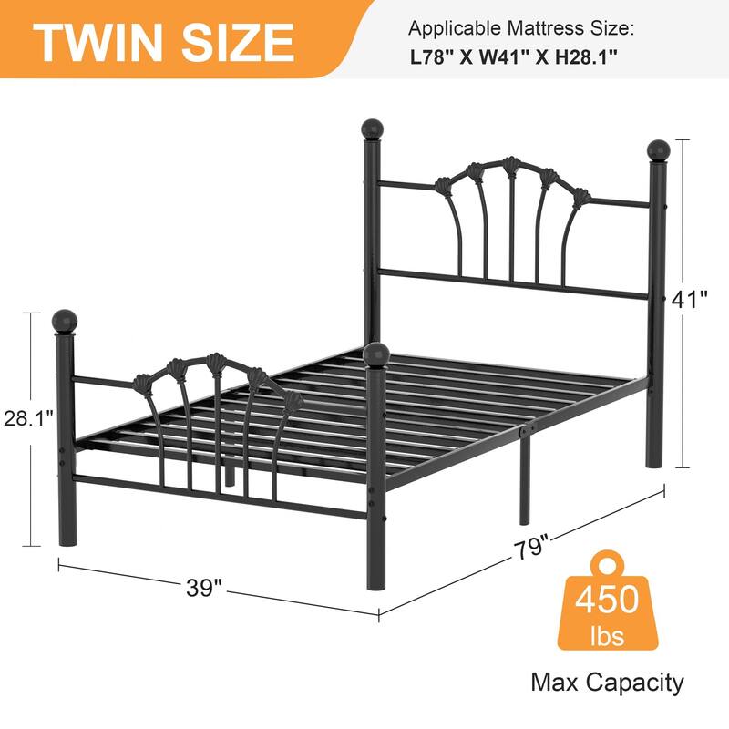 VECELO Classic Twin Size Metal Bed Frame Shell Design with Roman Columns Sturdy Twin Bed Frame for Kids Space-Saving Twin Bed