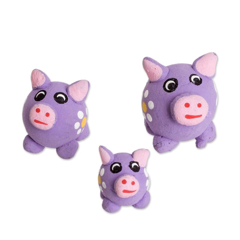 Novica Handmade Purple Pig Family Ceramic Figurines (Set Of 3)