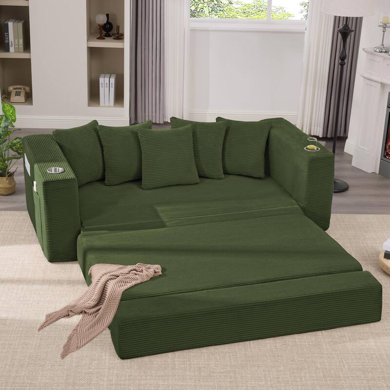 2-in-1 Convertible Sleeper Sofa, Floor Folding Couch, Sofa Bed with Side Pocket, Pull Out Loveseat with Cup Holders