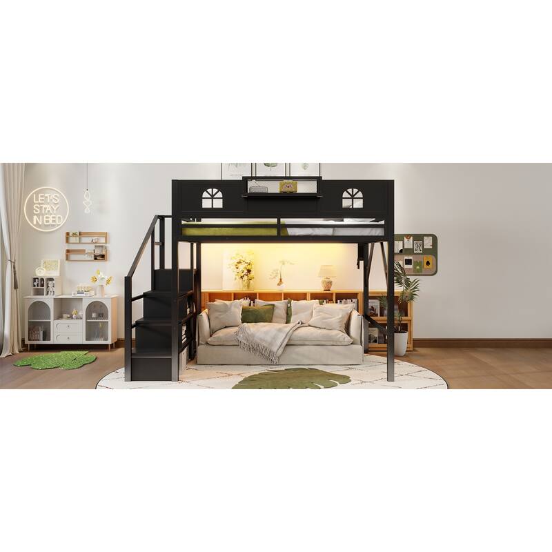 Roomfitters Full/Queen Metal Loft Platform Bed, Staircase Wardrobe and LED Charging Station with House Guardrails for Bedrooms