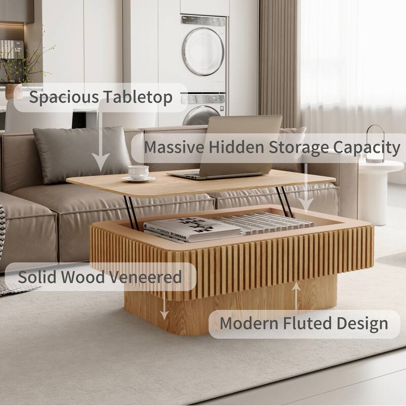 Fluted 38.6" Lift-top Coffee Table, Solid Wood Modern Accent Table with Storage and Adjustable Height