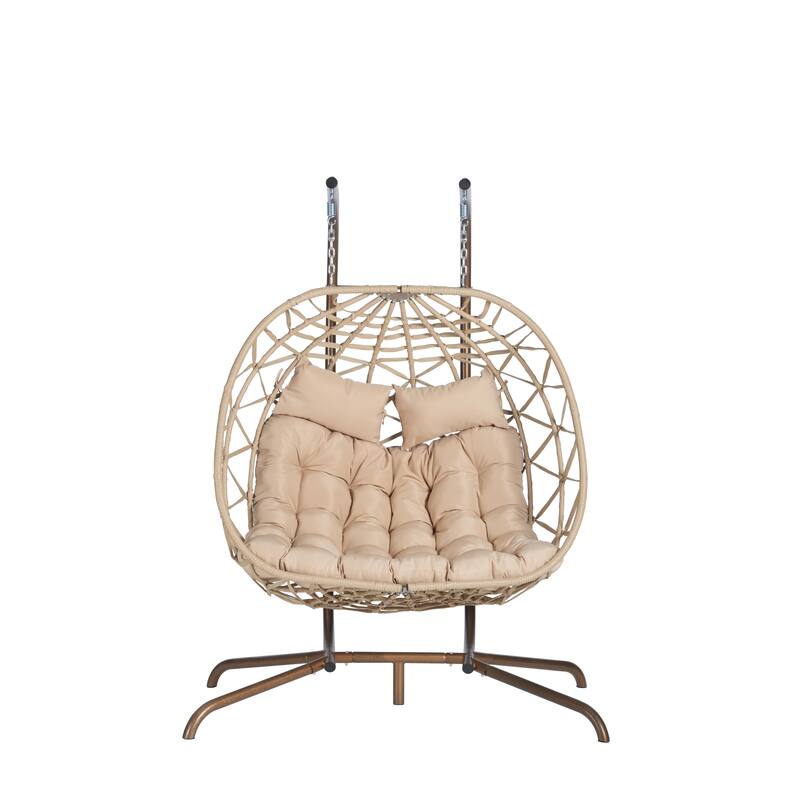 Double Rattan Egg Chair with Stand and UV-Resistant Cushions and Iron Frame - Outdoor Hanging Swing (600lb Capacity)