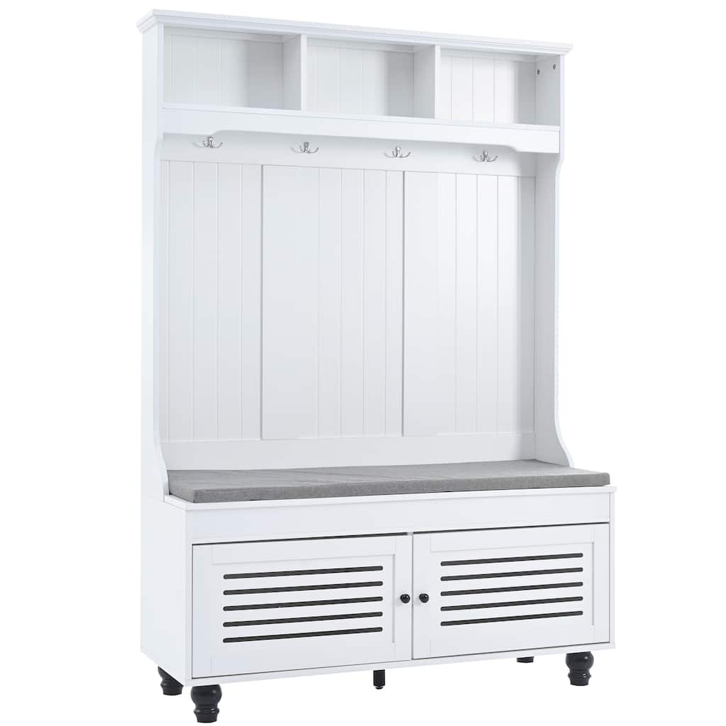 Hall Tree Entryway Bench With Coat Rack And Shutter-shaped Doors Large Storage Shelves