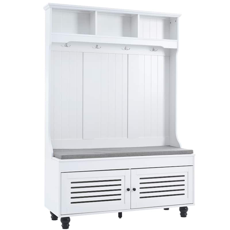 Hall Tree with 4 Sturdy Hooks, Wood Coat Rack with Shutter-Shaped Doors, Entryway Bench with Lockers and Cushion