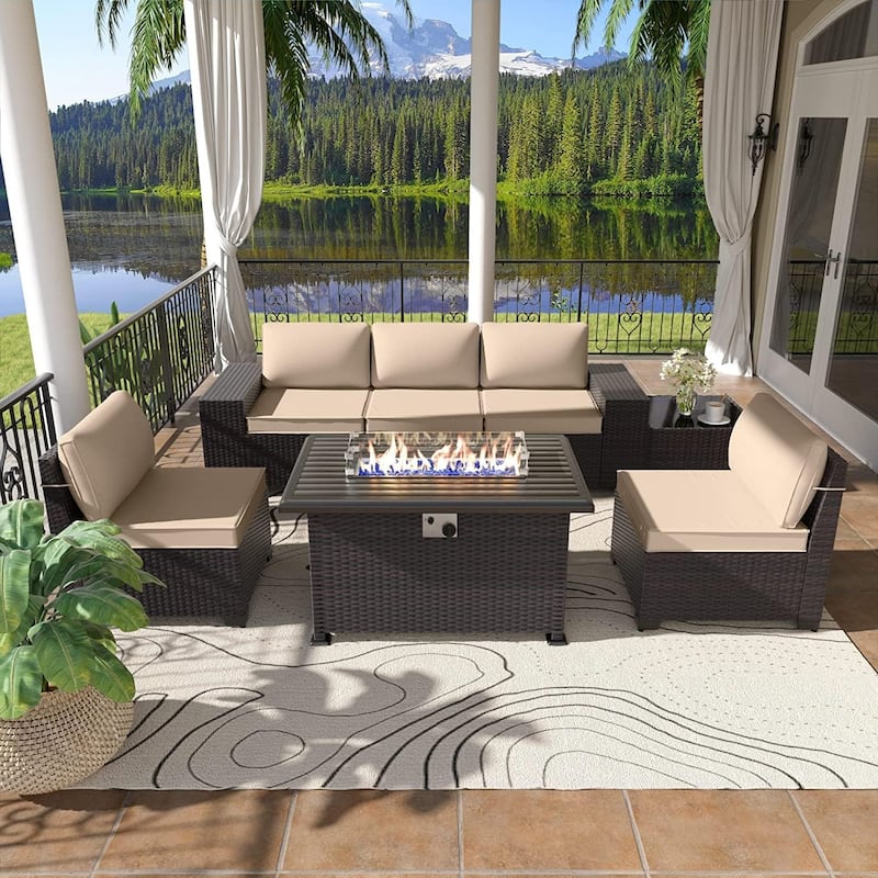 Delnavik 7 Pieces Rattan Outdoor Patio Furniture Sofa Set with Firepit - 7 pcs - Khaki