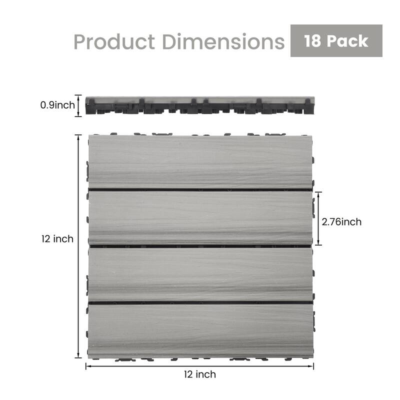 18 Pack Solid Wood Deck Flooring, Wood Interlocking Deck Tiles, 12 x 12 Inch Co-Extruded Interlocking Deck Tiles