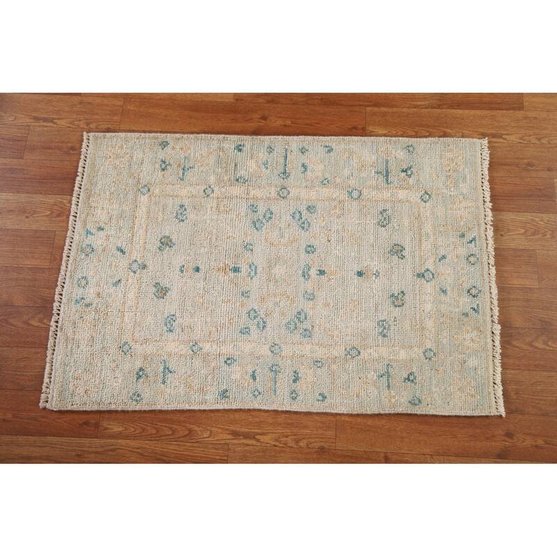 Hand Knotted Oriental 100% Wool Carpet Transitional Floral Green Oushak Area Rug - 2' 9'' X 1' 11''