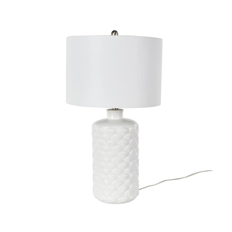 Ceramic Shell Embedded Room Table Lamp with Drum Linen Shade - White - Roche River Decor