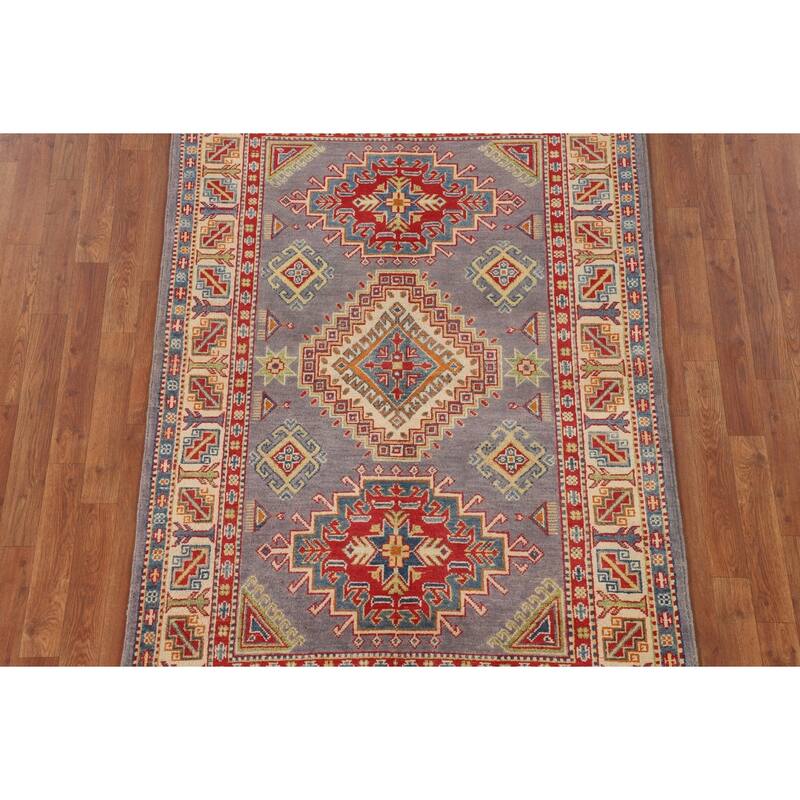 Grey Geometric Kazak Area Rug Handmade Oriental Wool Carpet - 4'1" x 6'2"