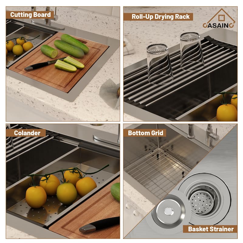 33 in. Drop-In Single Bowl 18 Gauge Brushed Stainless Steel Workstation Topmount Kitchen Sink with Sliding-Accessories