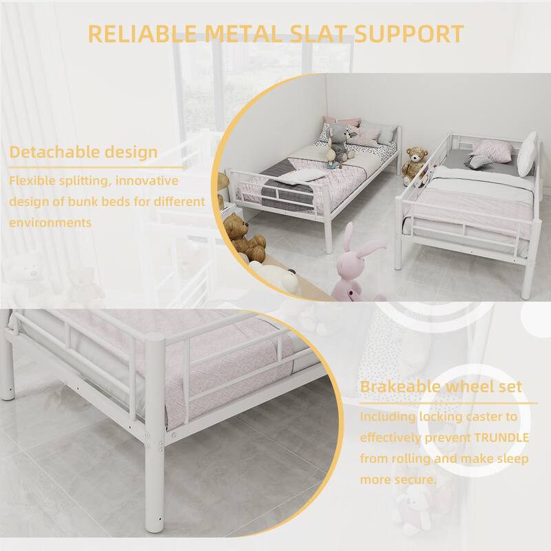 Convertible Twin Over Twin Metal Bunk Bed for Kids with Ladder & Guardrail, No Box Spring Needed