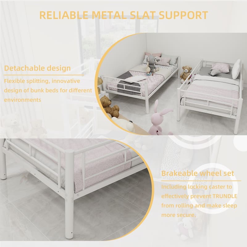 Roomfitters Twin Over Twin Metal Bunk Bed for Kids Boys Girls, Metal Structure Bedframe with Ladders & Guardrail