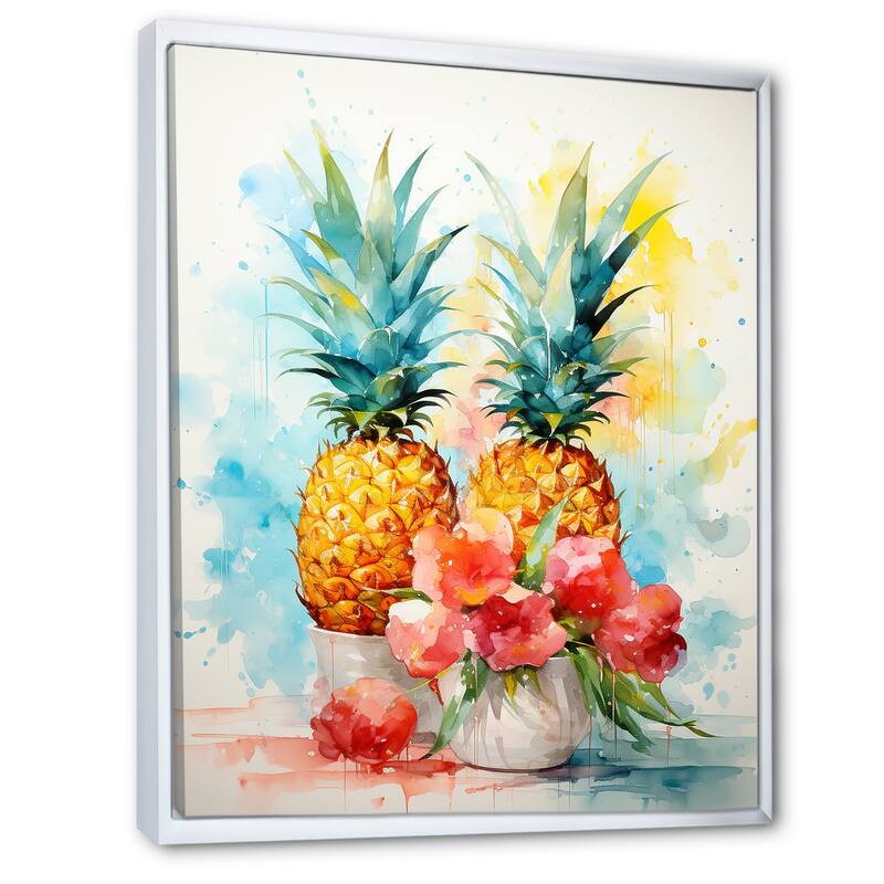 Designart "Aquarel Pineapple Painting" Pineapples Green Wall Decor - Traditional Living Room Framed Canvas Art