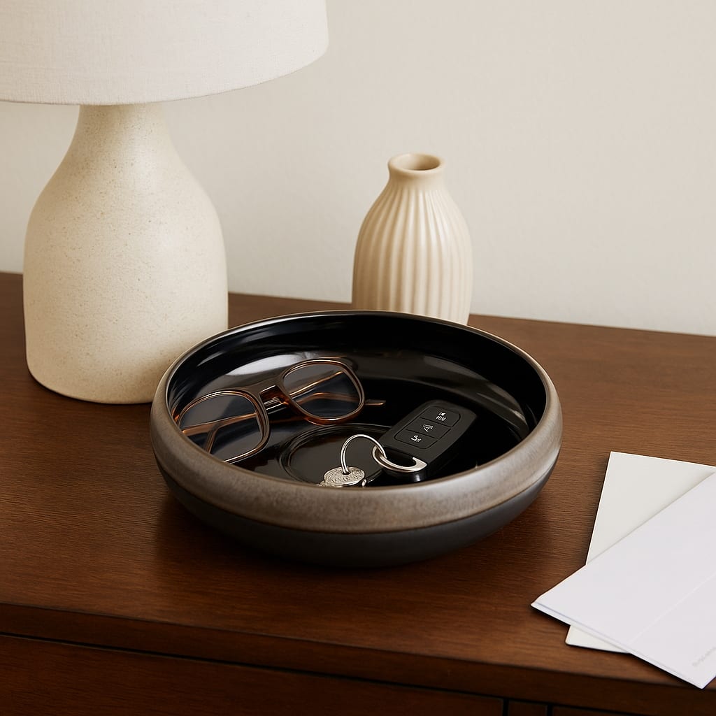 Decorative Round Glazed Bowl with Two Tone Finish - 14", Tan & Blue - 14.0"