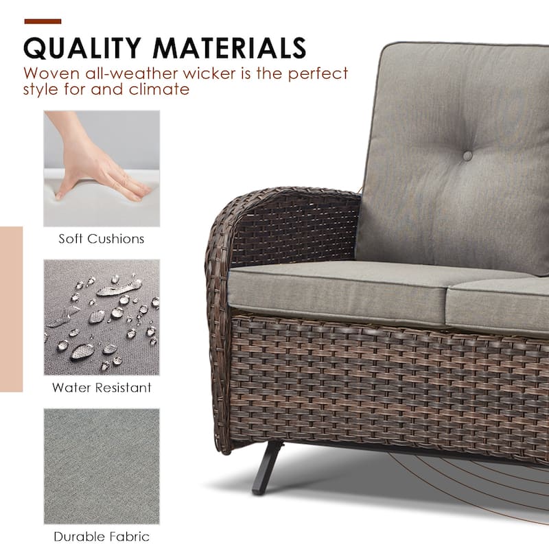 Patio Glider Sofa and Swivel Chair with Ottoman - Brown