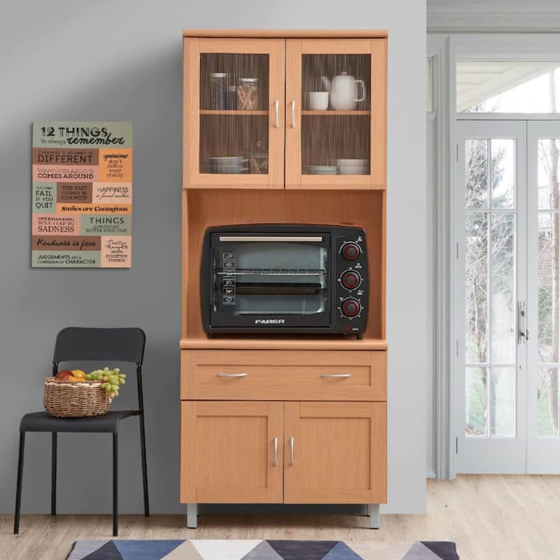 77.5" Beige Solid Microwave Kitchen Cabinet with Transparent Doors