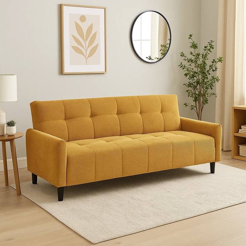 79 Inch Convertible Sofa Bed Futon, Tufted Cushions, Padded Arms, Yellow - Yellow
