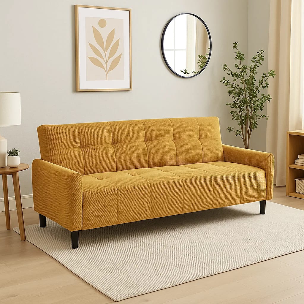 79 Inch Convertible Sofa Bed Futon, Tufted Cushions, Padded Arms, Yellow