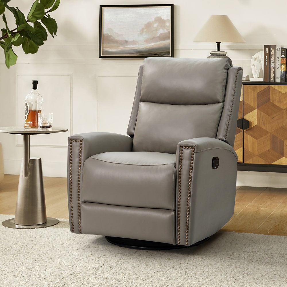 Fiacro 30.31"Wide Mid-Century Modern Genuine Leather Wingback Swivel Rocker Recliner with Nailhead Trims