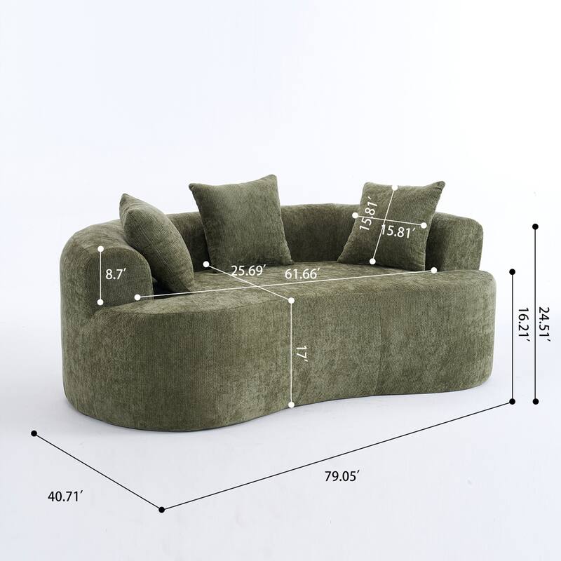 Crescent-Shaped Modular Sofa for Apartments, Chenille Low-Back Deep-Seat Sofa, Small Compression Sofa with Pillows
