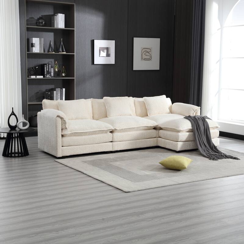 Modular L-Shaped Sectional Sofa, Chenille Fabric 3-Seater Sofa Couch with Chaise and Detachable Armrests for Living Room - Beige