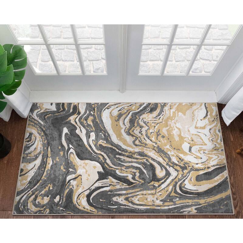 Well Woven Abstract Harmony Modern Boho Marble Flat-Weave Area Rug - 3' 3" x 5' - Gold Brown - Rectangle