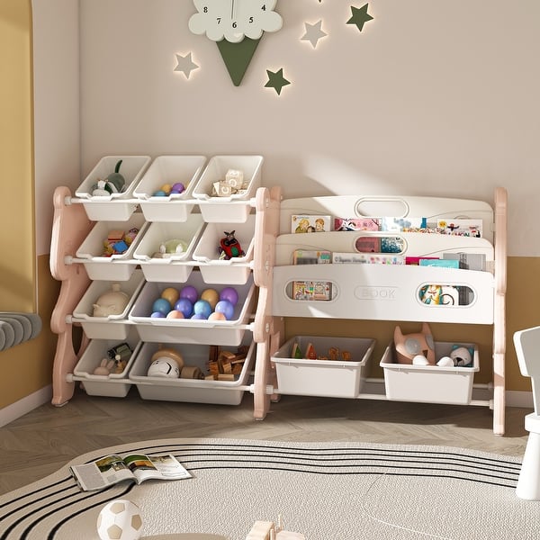 slide 2 of 19, Kids Toy Storage Organizer, Toy Organizer with 2 Tier Bookshelf, Toy Storage with Shelf and 12 Toy Bins Pink