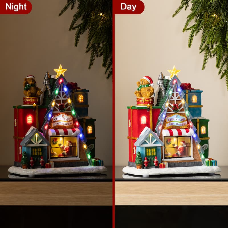 Glitzhome 10.75"H Lighted Christmas Toy Market Resin Village with Movement and Music