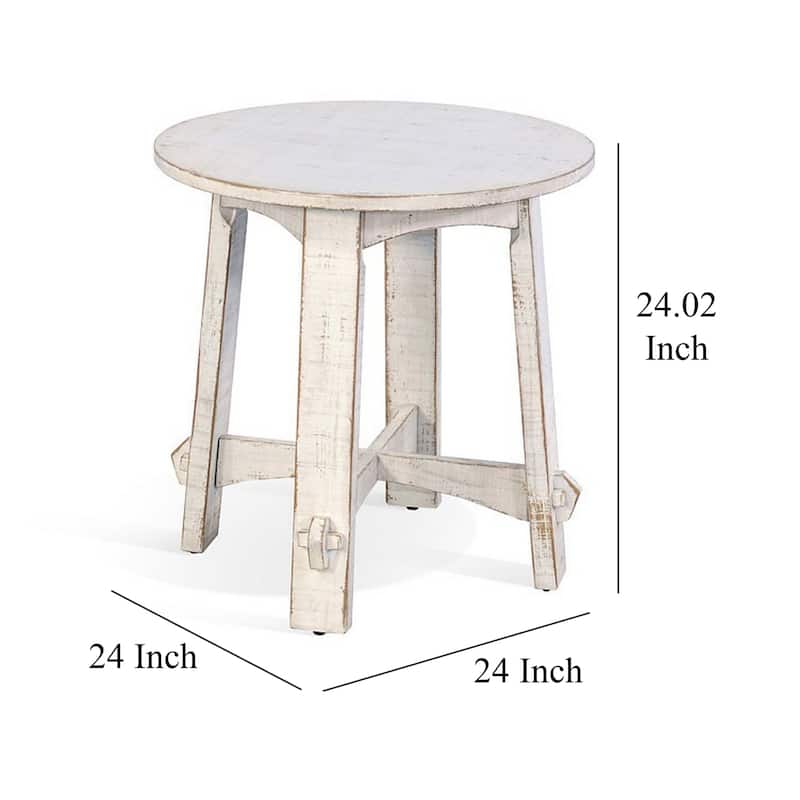 24 in. Distressed White Round Wood End Table, Sturdy Build End Side Table for Living Rooms