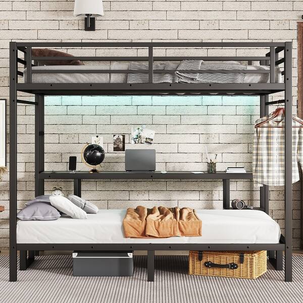 slide 2 of 14, Black Metal Folding Bunk Bed with Desk,Storage,Led,Queen Over Twin XL Size for Bedroom Black