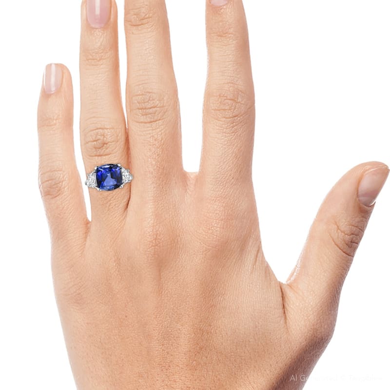 8.50Ct TW Cushion Blue Sapphire & Diamond 3-Stone Ring White Gold Lab Grown