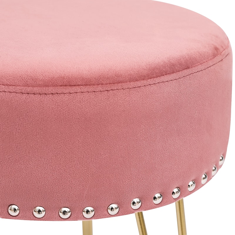 Adeco Footstool Round Ottoman Velvet Dressing Stool Gold Metal Legs