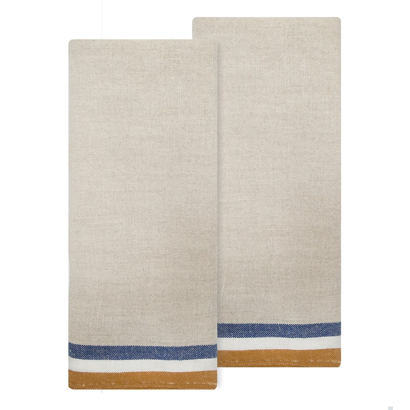 Caravan Normandy White Tea Towels - Set of 2 - 20 x 30" - Natural, Mustard, Natural, Blue