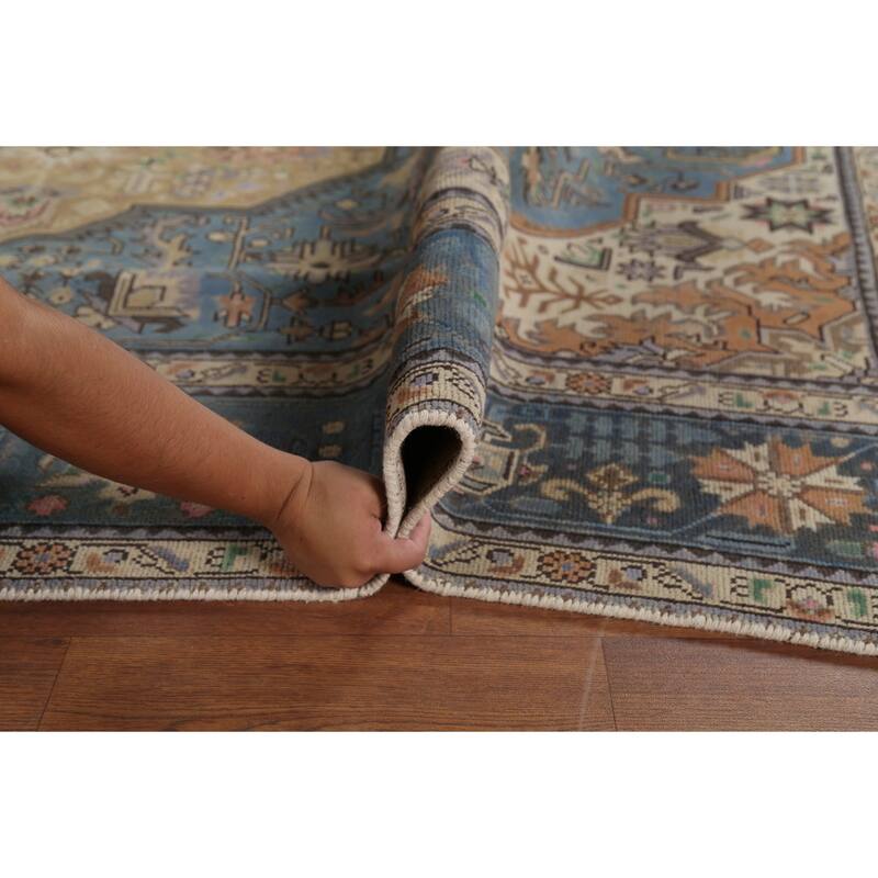Geometric Blue Tabriz Persian Vintage Area Rug Handmade Wool Carpet - 6'6"x 9'8"