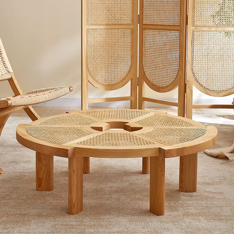 Modern Round Wood Accent Table with Woven Edges - 7'6" x 10'9"