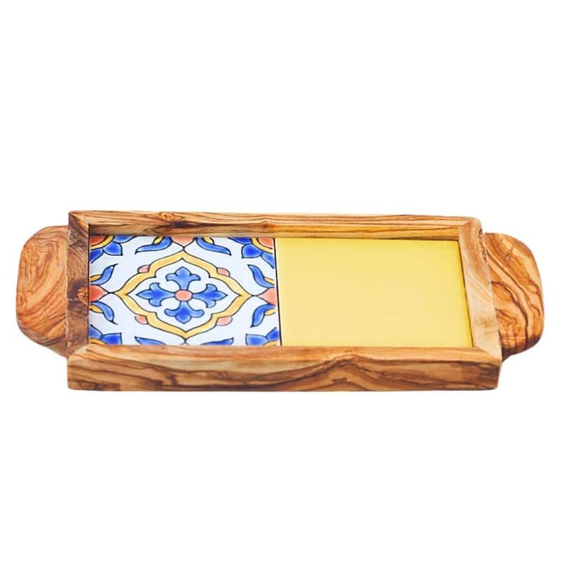 Olive wood Serving Tray with Ergonomic Handles, Alhambra Design