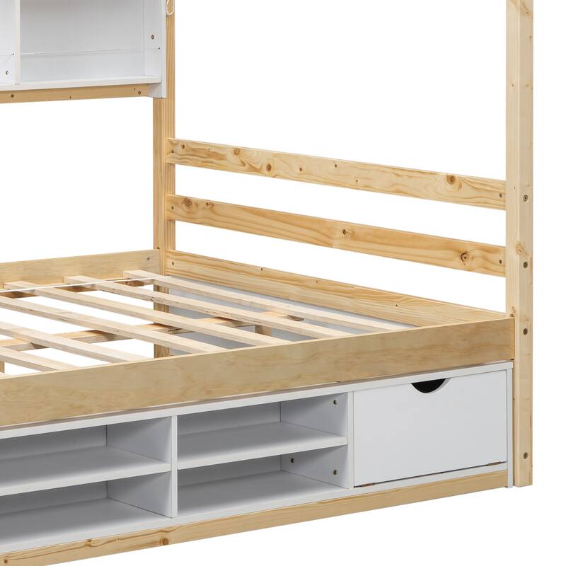 Full House Bed with Roof Frame, Bedside-shelves, Under Bed Storage Unit