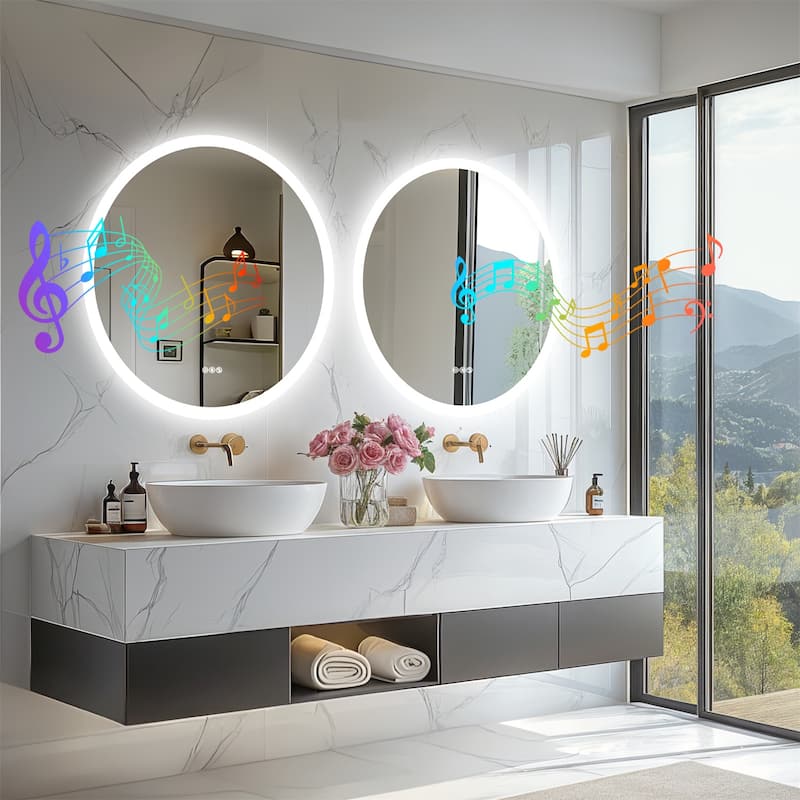 32" Round Wall Illuminated Bathroom Mirror with Lights Bluetooth Speaker Dimmable Defogging - 31.50” x 31.50”