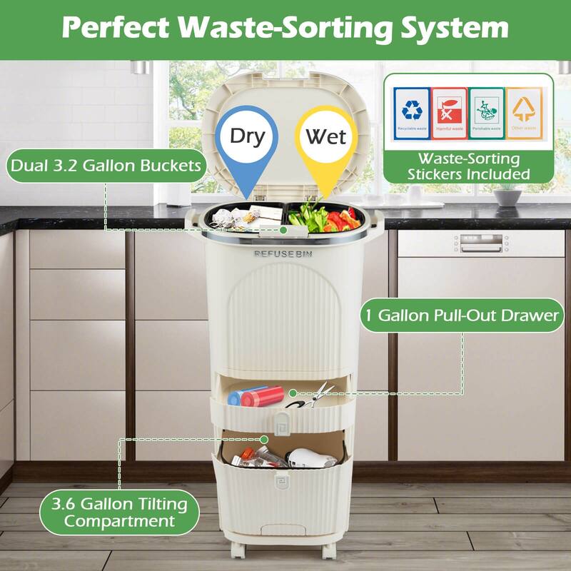 Costway 11 Gallon Kitchen Trash Can with Lid, 2 Removable Buckets, - Beige